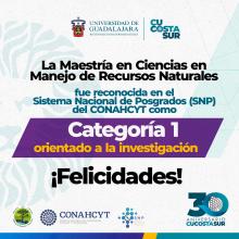 Reconocen a la Maestría en Ciencias en Manejo de Recursos Naturales del CU Costa Sur en el Sistema Nacional de Posgrados con la categoría 1 orientado a la investigación